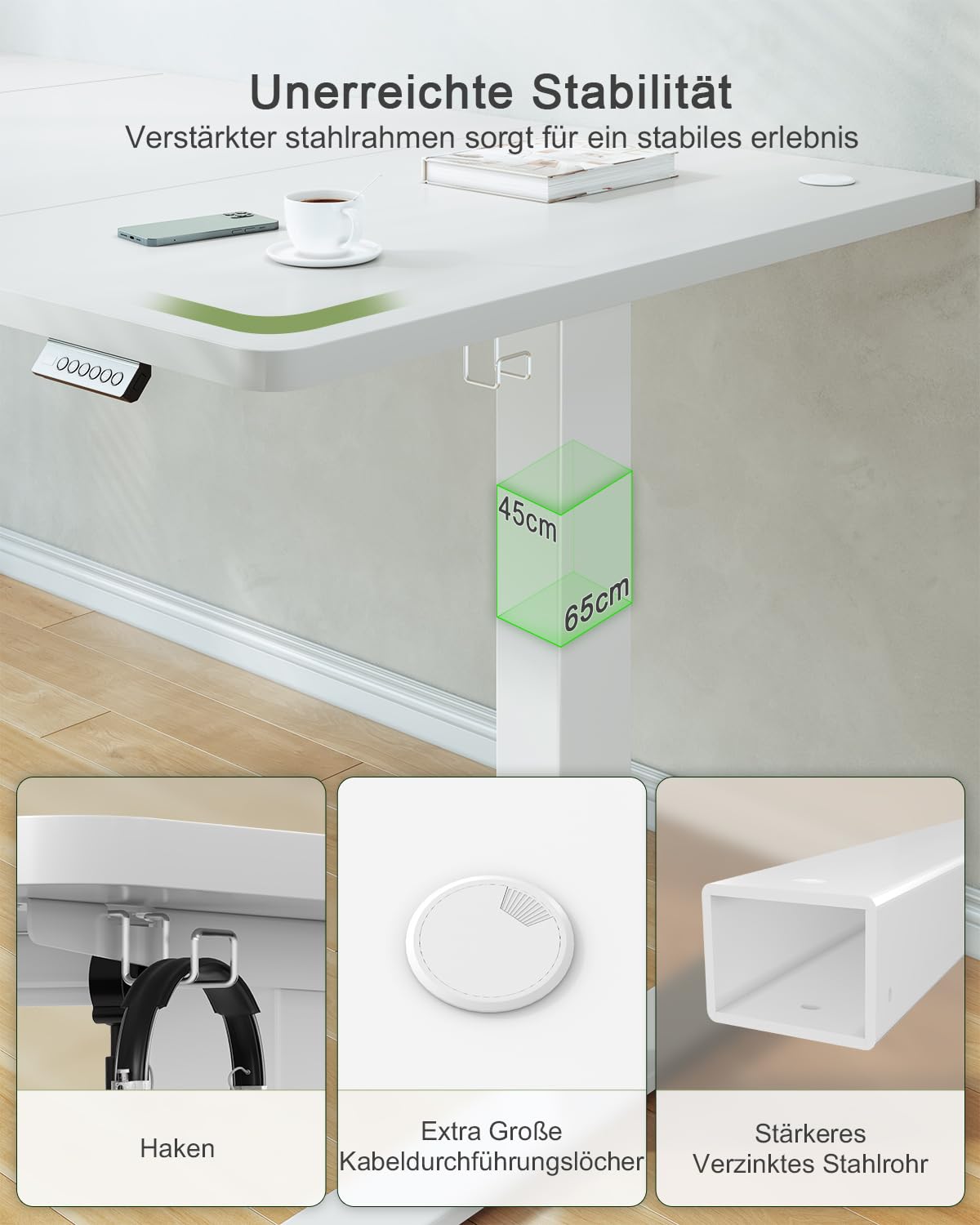 Elektrischer Höhenverstellbarer Schreibtisch 120x60 cm – Steh-Sitz, USB, Weiß
