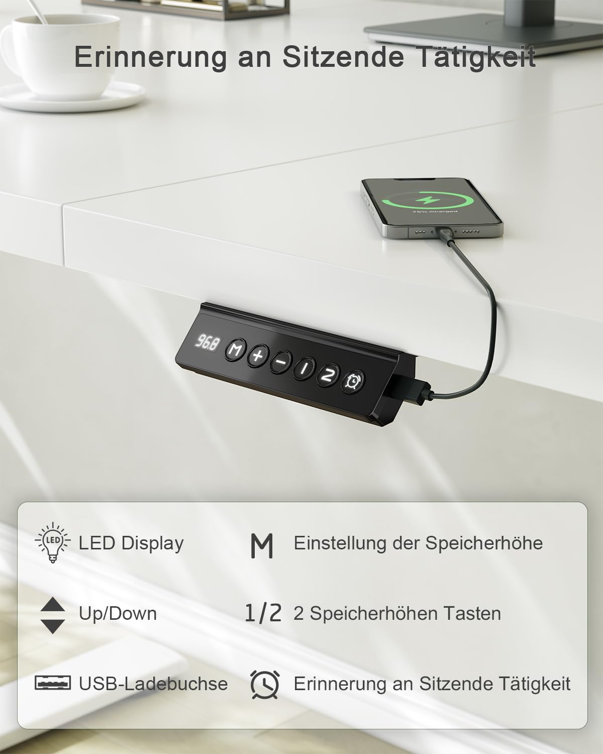 Elektrischer Höhenverstellbarer Schreibtisch 120x60 cm – Steh-Sitz, USB, Weiß
